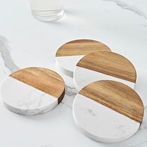 5 piece acacia wood and marble coasters